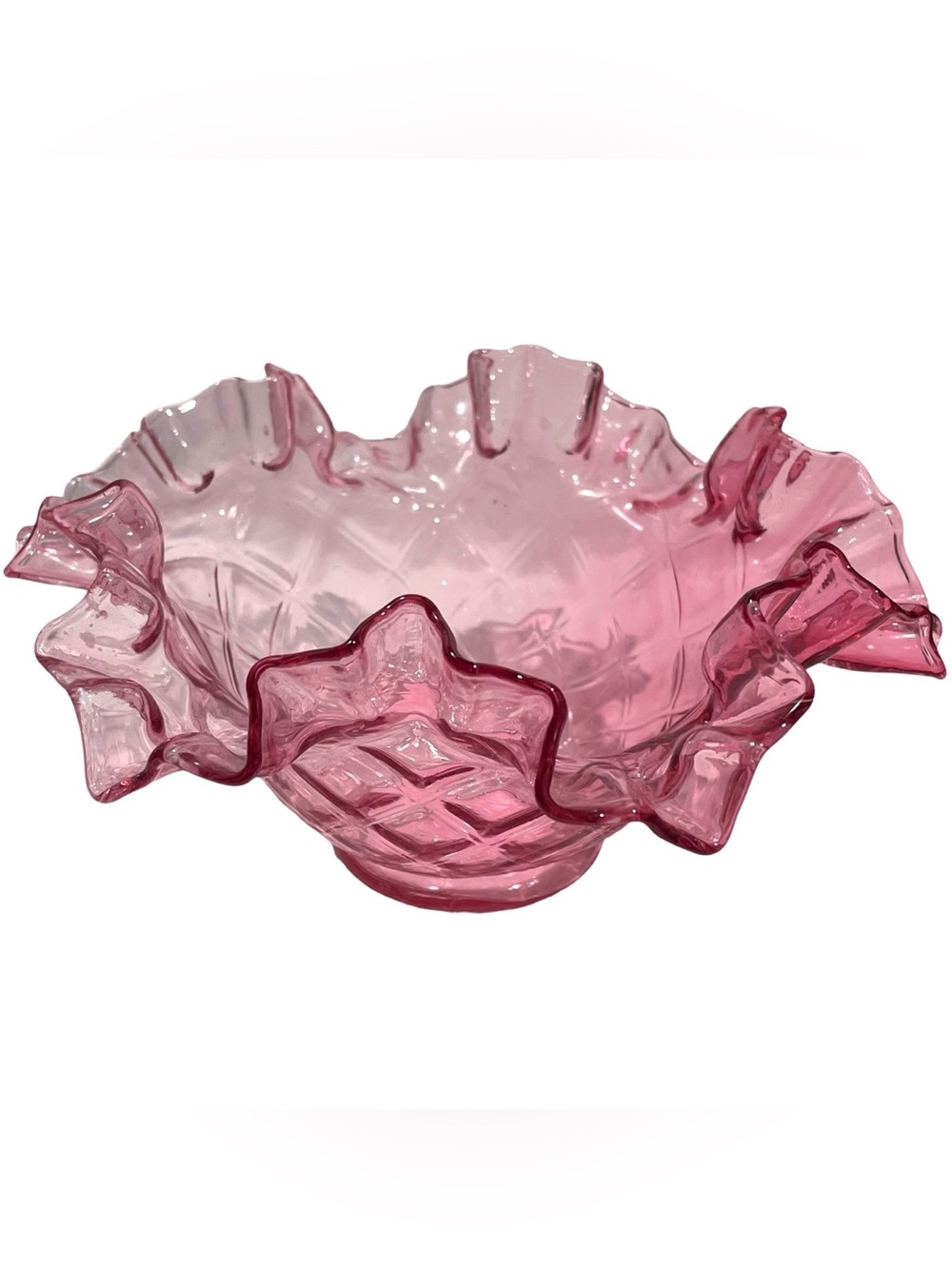 Vintage 1940s Fenton Glass Cranberry Optic Diamond Pattern Bowl Crimped Ruffled